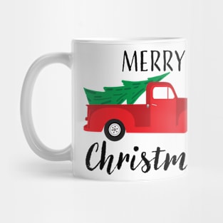 Merry Christmas with red vintage truck and tree Mug